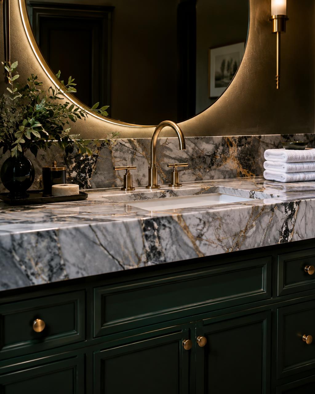 Marble vanity & backsplash — Midtown Omaha primary bath