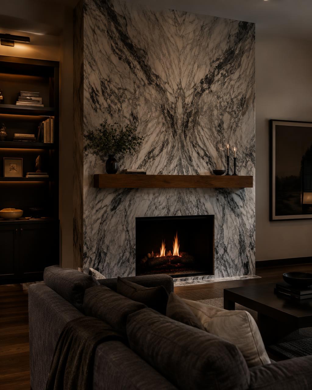 Book-matched fireplace — West Omaha great room