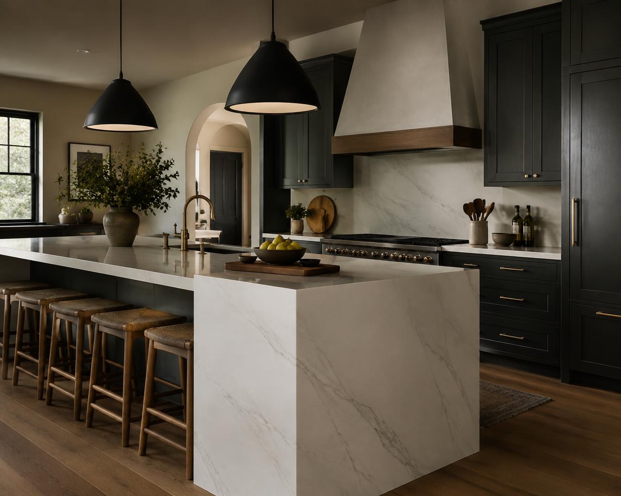 Waterfall quartz island — Elkhorn kitchen remodel