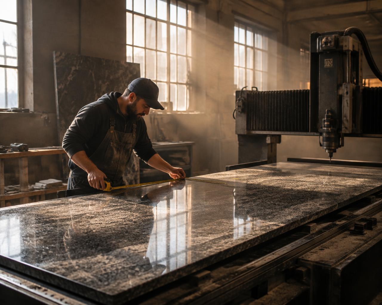 Fabricator measuring a granite slab in the Anchor Stone & Granite workshop